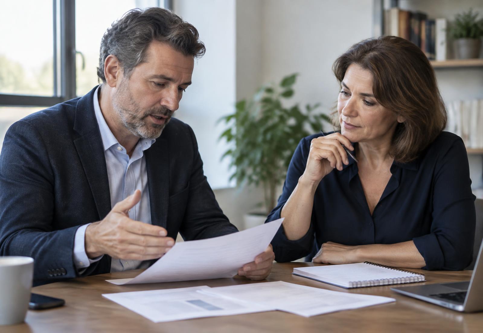 Two people reviewing printed documents together at a table